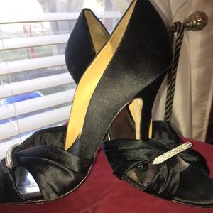 Badgley Mischika Black Satin Pumps with Rhinestone